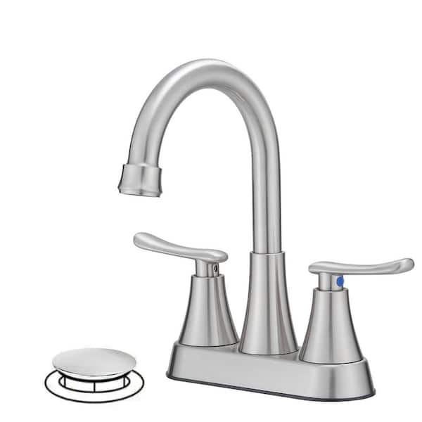 Easy Install 4 in. Centerset Double Handle Spot Resistant Bathroom Faucet with Drain Kit in Brushed Nickel