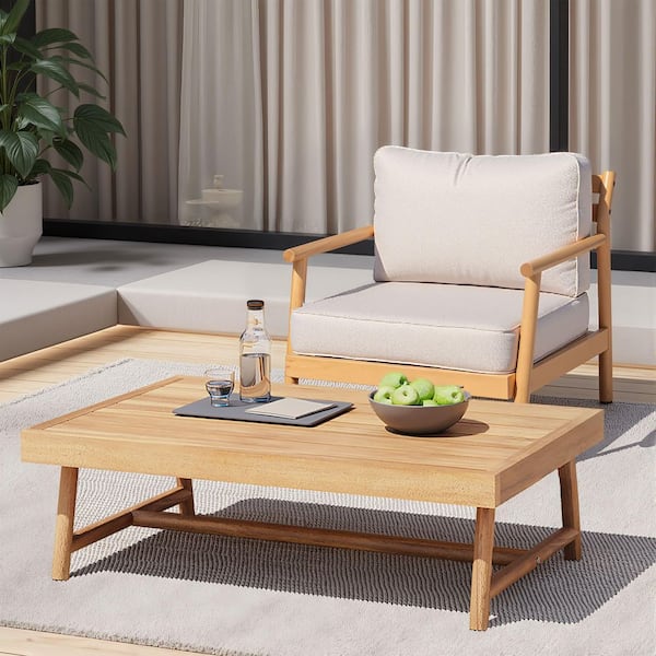 2-Piece Patio Wood Outdoor Dining Set with Beige Cushion-Club Chair & Coffee Table for Garden, Porch & Balcony