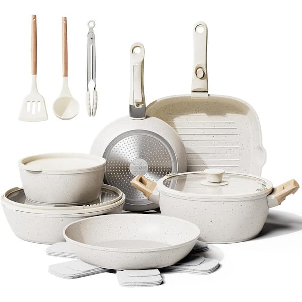 19-Piece Pots & Pans Set Non-Stick Ceramic Cookware Set with Removable Handles in Cream White Aluminum