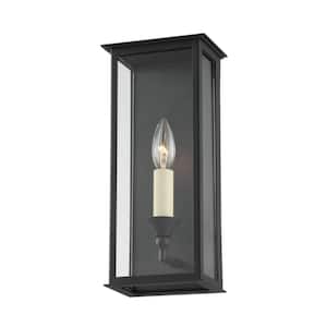 Chauncey 6 in. 1-Light Textured Black Outdoor Lantern Wall Sconce with Clear Glass Shade