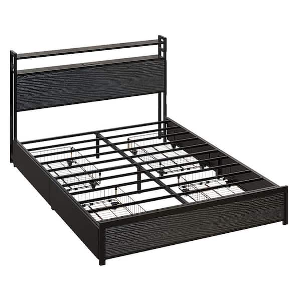 Black Metal Frame King Platform Bed with 4 Storage Drawers, Built in Charging Station and LED Light