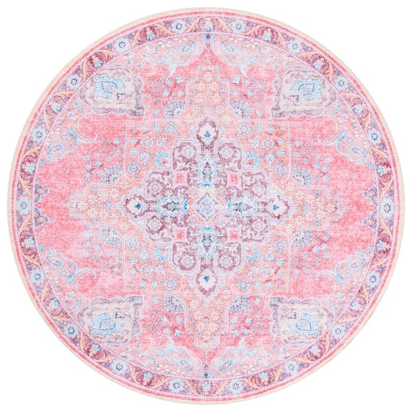 SAFAVIEH Arizona Pink/Beige 6 ft. x 6 ft. Machine Washable Distressed Medallion Border Round Area Rug