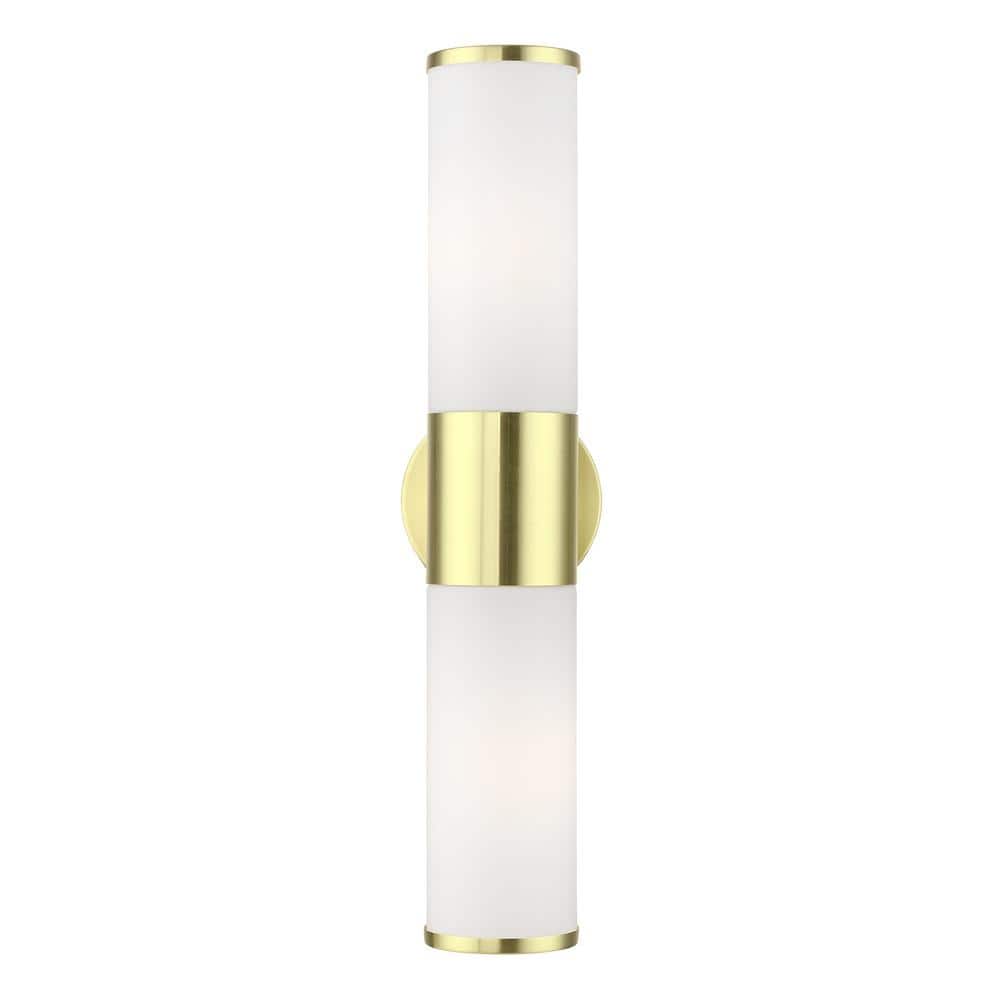 Crestmoor 18.5 in. 2-Light Satin Brass ADA Vanity Light with Satin Opal White Glass