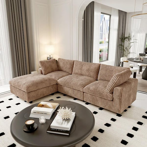 118 in. Square Arm Soft Faux Rabbit Fur Velvet 4-Piece Modular Sectional Sofa with Ottoman,Washable Covers in Brown