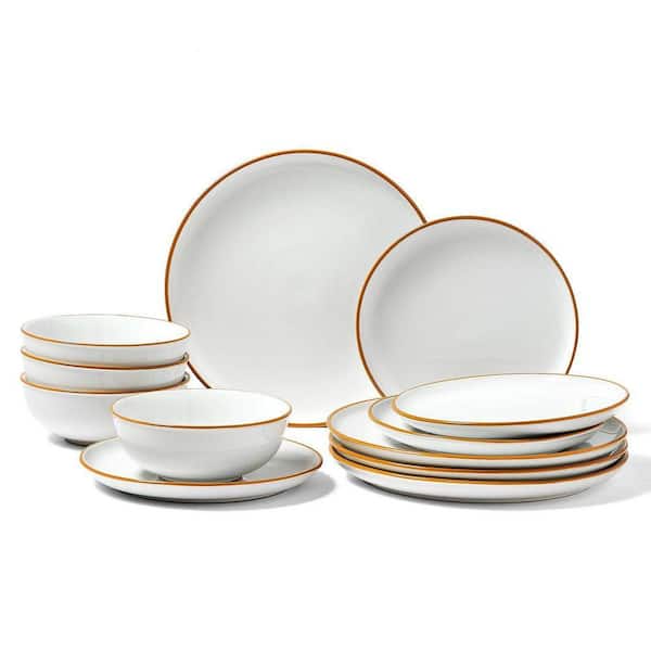 Tahanbath 12-Pieces Dinnerware Set Ceramic Plates and Bowls Sets Service for 4-White