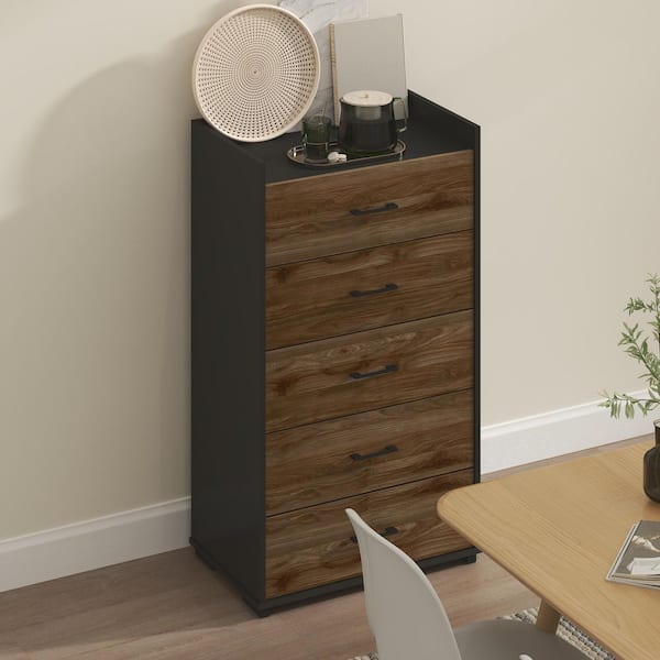 Columbia Walnut/Black Wood 24.72 in. Buffet Sideboard with 5 Drawer