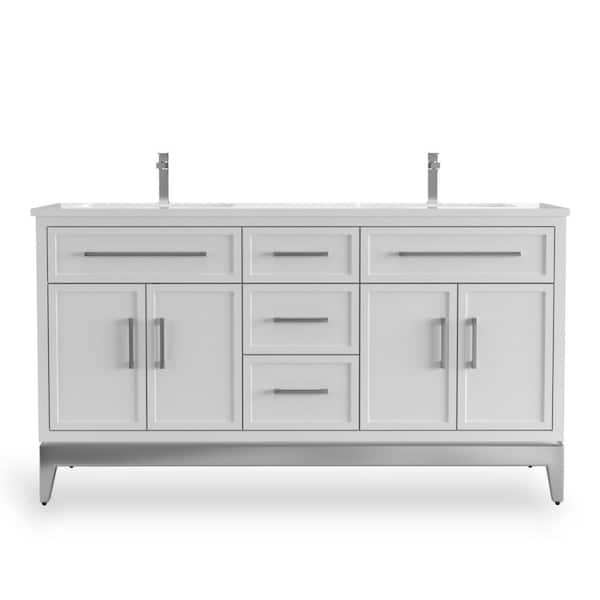 Barrington 63in. Double Freestanding White Bath Vanity with White Quartz Top