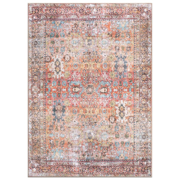 World Rug Gallery Amber Multi 5 ft. x 7 ft. Transitional Distressed Machine Washable Non Slip Area Rug