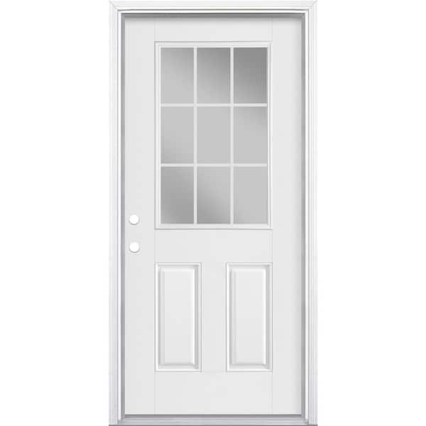 Masonite 36 in. x 80 in. 9 Lite Internal Grille Right-Hand Inswing Primed White Smooth Fiberglass Prehung Front Door w/ Brickmold