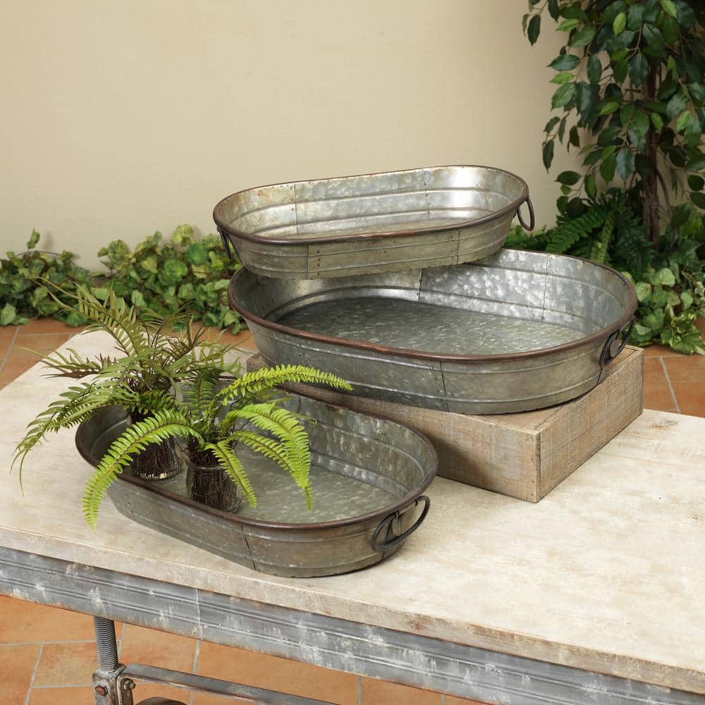 Set of 3 Rustic Gray Galvanized Metal Oval Planter Trays