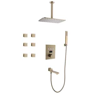 Thermostatic Single-Handle 4-Spray Ceiling Mount Rainfall Shower Faucet with Tub Spout in Brushed Gold (Valve Included)