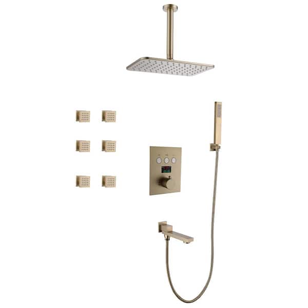 Tomfaucet Thermostatic Single-Handle 4-Spray Ceiling Mount Rainfall Shower Faucet with Tub Spout in Brushed Gold (Valve Included)