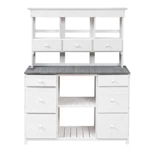 50.1 in. x 19.7 in. x 65.7 in. White and Gray Outdoor Wood Potting Bench Table with Multiple Drawers and Shelves