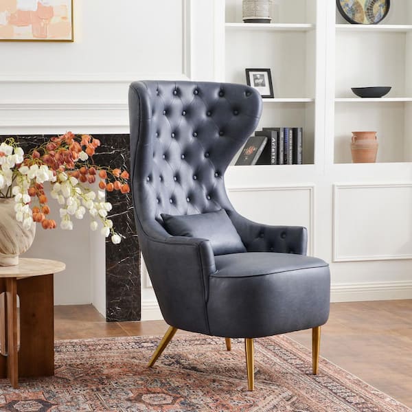 Navy Modern Upholstered Tufted Faux leather Wingback Dining Chair