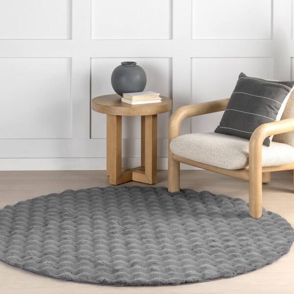 6 ft. Round Dark Grey Ivana Checkered Plush Cloud Washable Area Rug