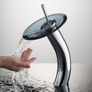 Single-Handle Waterfall Bathroom Vessel Faucet in Chrome with Glass Disk in Clear