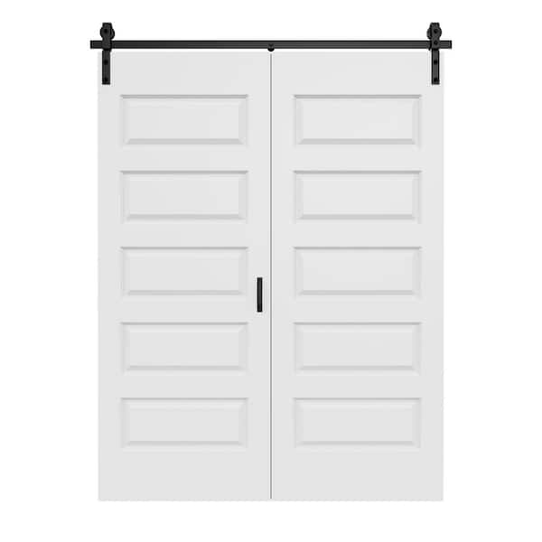 64 in. x 84 in. Paneled 6-Lite White Primed Hollow Core MDF Composite Bi-fold Door with Bifold Barn Door Hardware