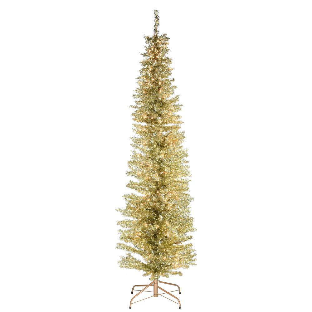 National Tree Company 6 Ft Champagne Tinsel Tree With Metal Stand And 150 Clear Lights Tt33 302 60 The Home Depot