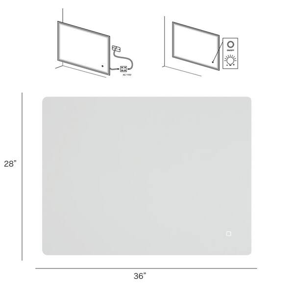 36 in. W x 28 in. H Rectangular Frameless LED Light Anti-Fog Wall-Mount  Bathroom Vanity Mirror in Silver shuisluowbuio04 - The Home Depot