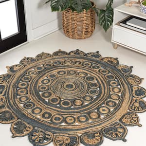 Flora Medallion Contemporary Bohemian Round Jute Blue/Natural 4 ft. Round Area Rug