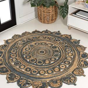 Blue/Natural 6 ft. Round Flora Medallion Contemporary Bohemian Round Jute Area Rug