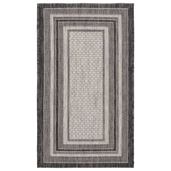 Courtyard Light Gray/Black 2 ft. x 4 ft. Solid Color Striped Indoor/Outdoor Area Rug