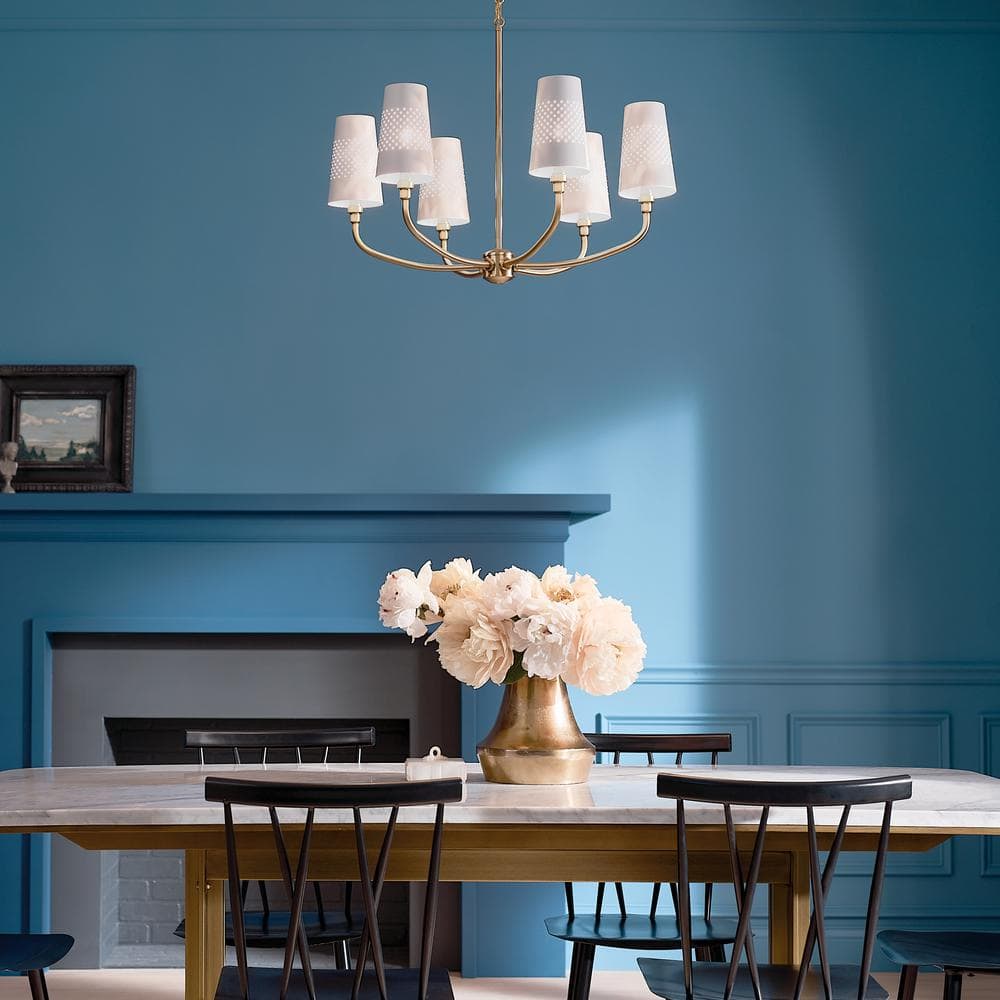 Adeena 26.75" Brushed Brass Traditional 6-Light Chandelier with White Shades
