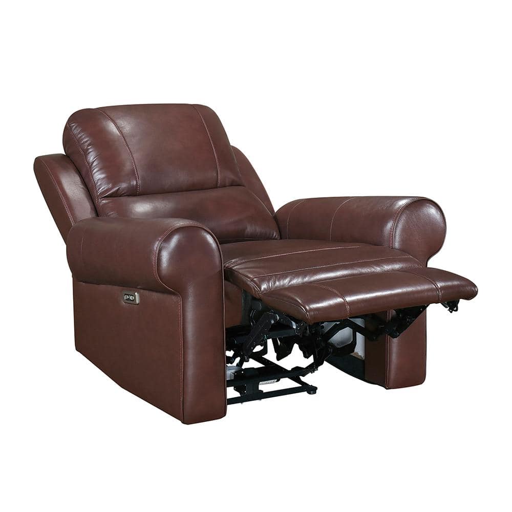 Brown Leather Power Recliner with Wood Frame and USB Port