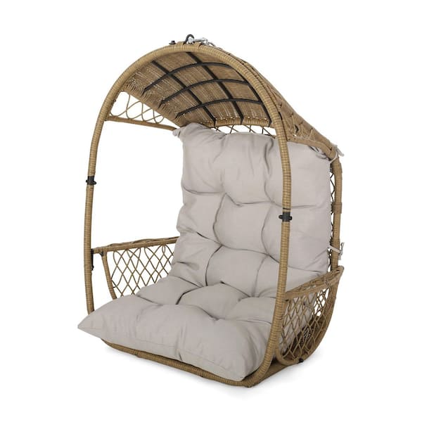 1-Person Outdoor Wicker Patio Swing, Hanging Chair with Beige Cushion (Stand Not Included)