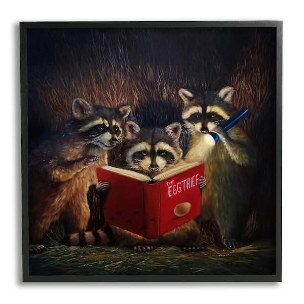 Stupell Industries Fun Raccoon Trio Reading Book by Lucia Heffernan 1-Piece Black Framed Animal Giclee Art Print 12 in. x 12 in.