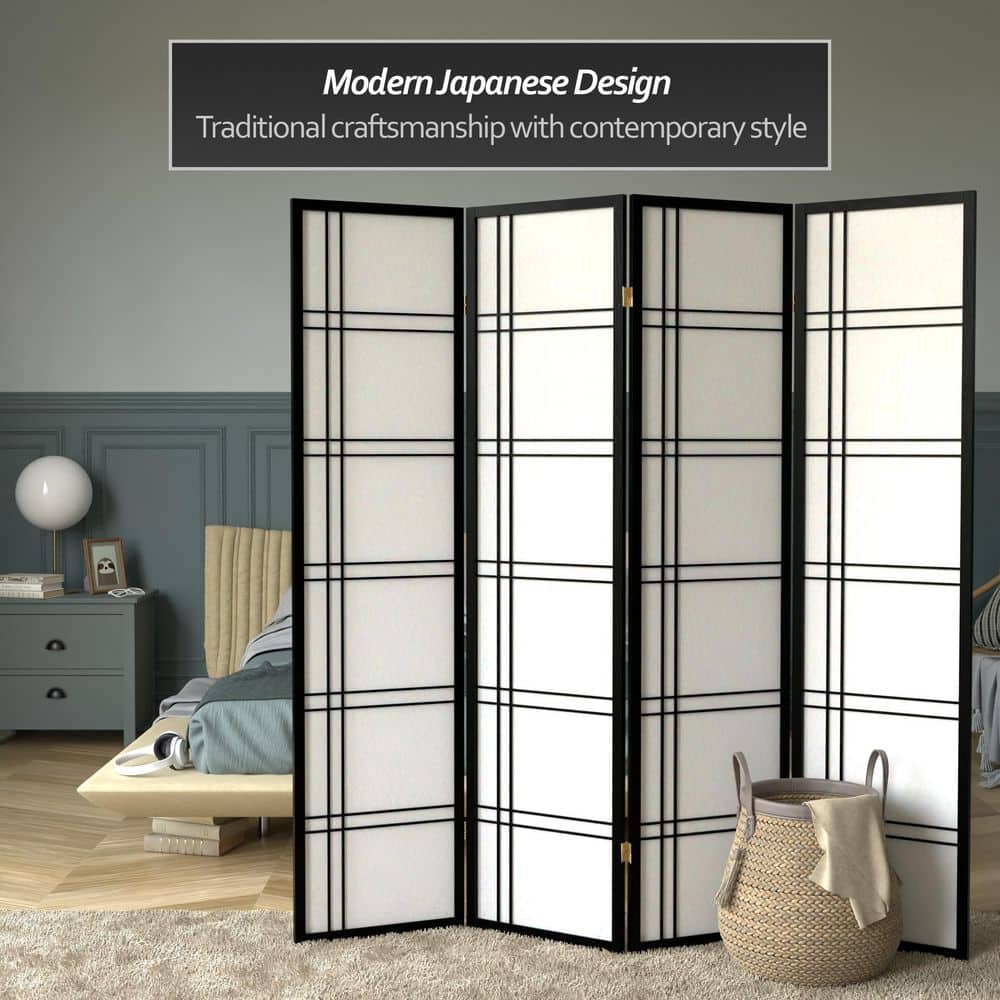 Black Hardwood and Rice Paper 4-Panel Shoji Room Divider