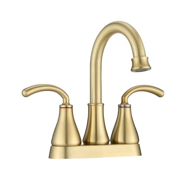 Lukvuzo 4 in. Centerset Double Handle Mid Arc Bathroom Faucet with Drain Kit included in Brushed Gold
