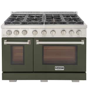 Professional 48 in. 6.7 cu. ft. Double Oven Gas Range 7 Burners Freestanding Natural Gas Range in Olive Green