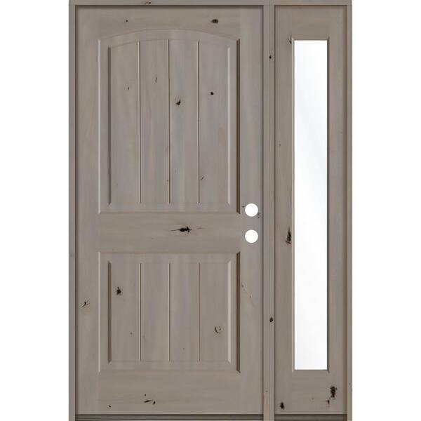 Krosswood Doors 44 in. x 80 in. Rustic Knotty Alder 2 Panel Left-Hand/Inswing Clear Glass Grey Stain Wood Prehung Front Door with RFSL