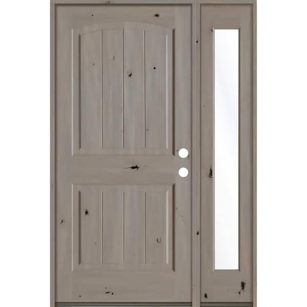 Krosswood Doors 56 in. x 80 in. Rustic knotty alder 2 Panel Left-Hand/Inswing Clear Glass Grey Stain Wood Prehung Front Door with RFSL