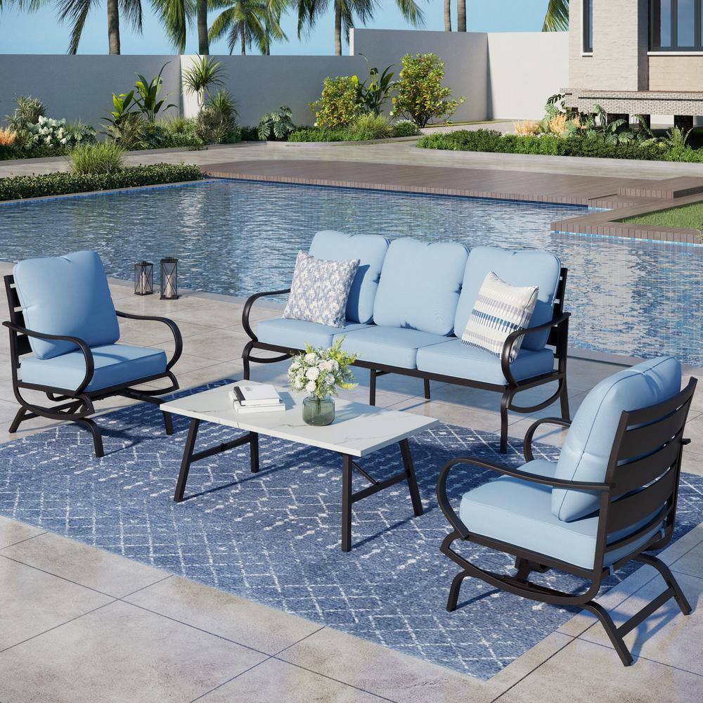 PHI VILLA Metal 5 Seat 4Piece Steel Outdoor Patio Conversation Set