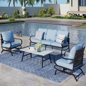 Metal 5 Seat 4-Piece Steel Outdoor Patio Conversation Set With Rocking Chairs, Blue Cushions, Marble Pattern Table