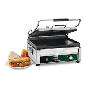 Dual Panini Grill Ribbed Top Plate Flat Bottom Plate with Timer Silver 120-Volt 14.5 in. x 11 in. Cooking Surface