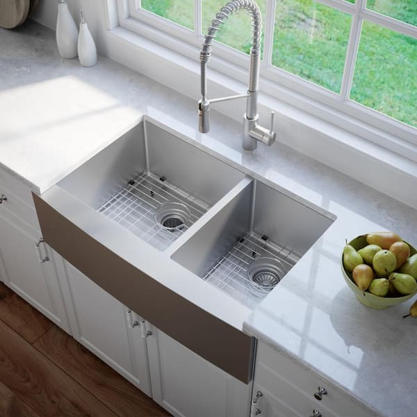 Standart PRO 36 in. Farmhouse/Apron-Front 60/40 Double Bowl 16 Gauge Satin Stainless Steel Kitchen Sink with Accessories