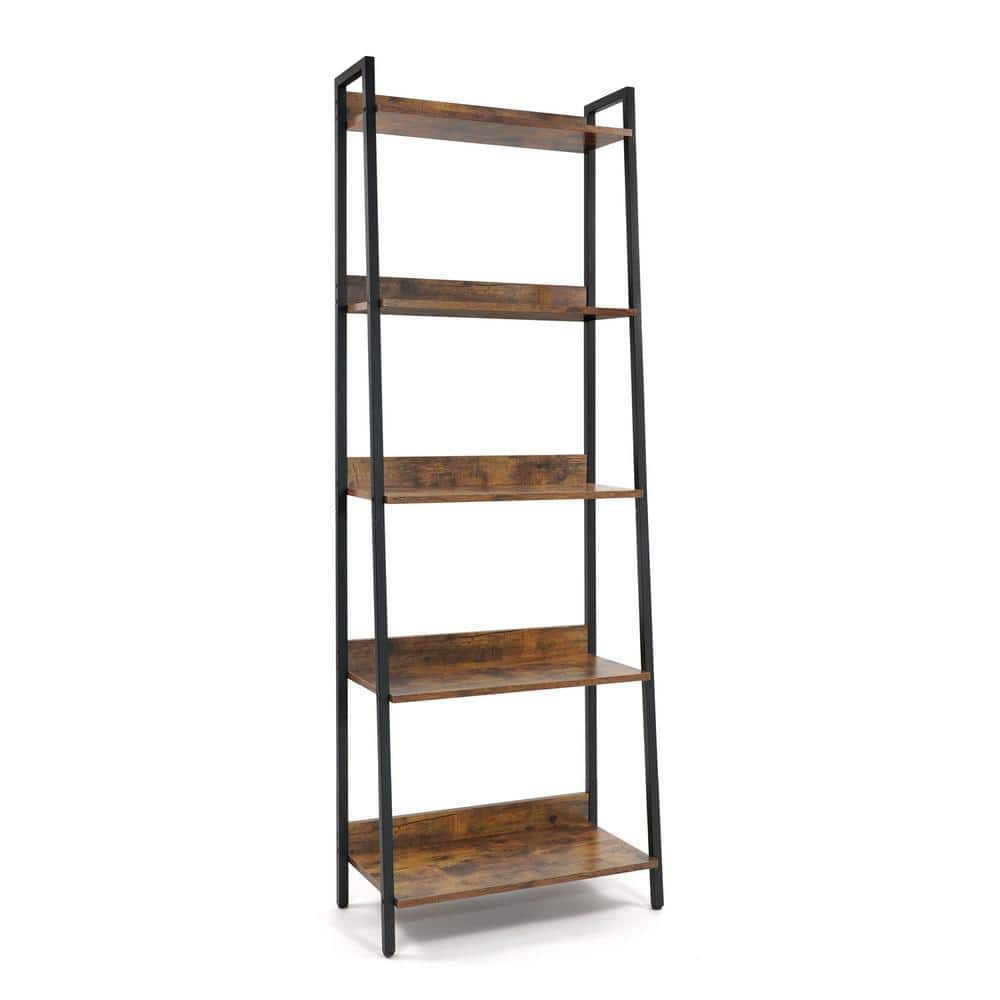 Rustic Oak and Matte Black 5-Tier Ladder Bookshelf