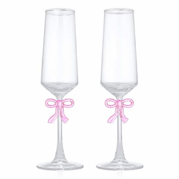 Set of 2 Lead-Free Crystal Champagne Flutes 8oz with Pink Bow Stem for Weddings and Celebrations Glasses
