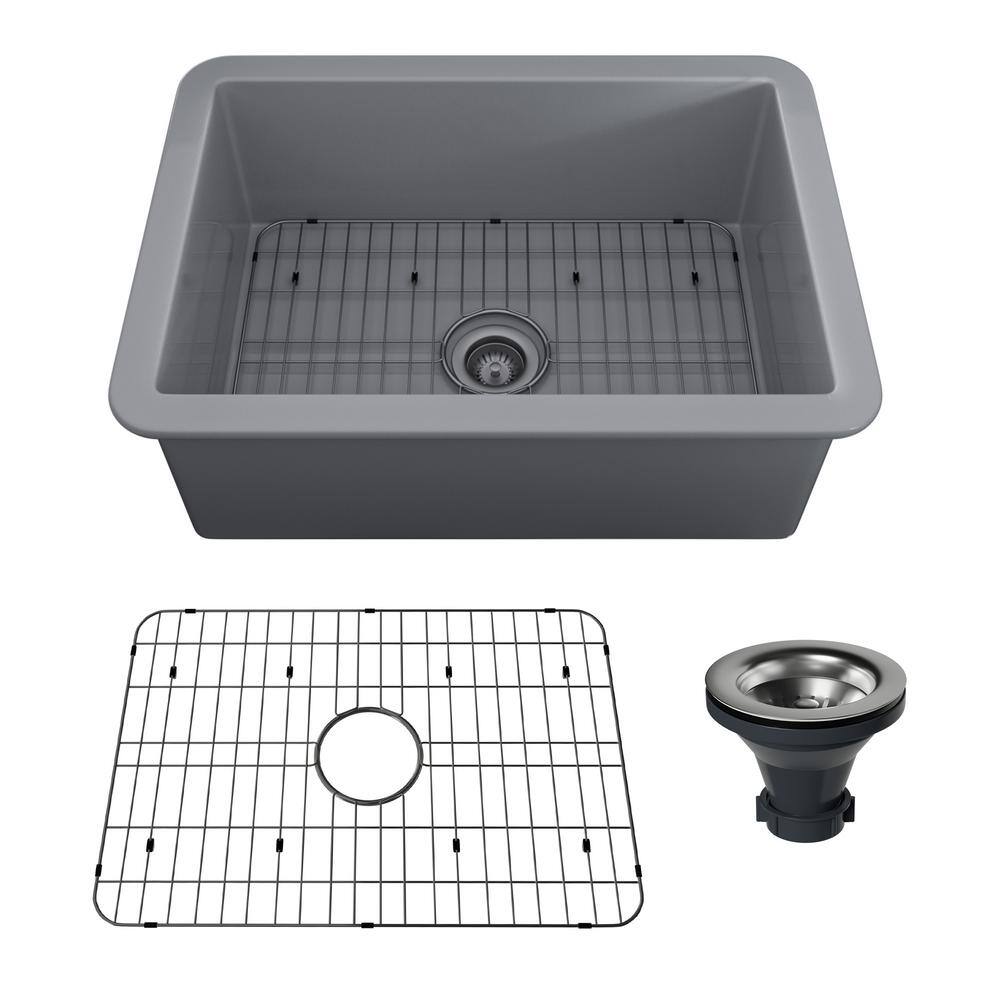 27 in. Undermount Single Bowl Matte Gray Fine Fireclay Kitchen Sink with Bo