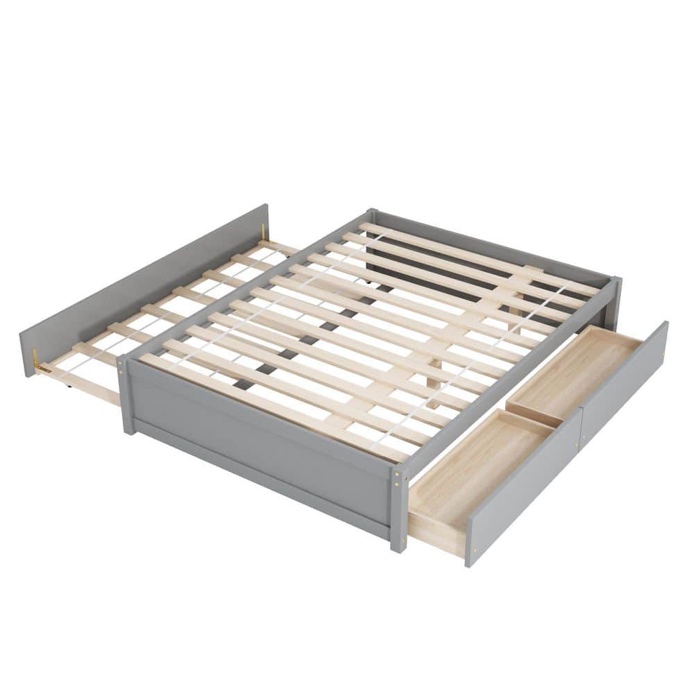 MOJAY Gray Wooden Bed Frame Full Platform Bed With Twin Trundle and 2