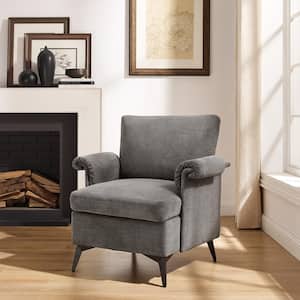 Calypso Gray Velvet Ribbed Accent Oak Arm Chair with Metal Frame