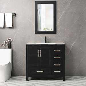 36 in.  W x 18.3 in.  D x 34 in.  H Single Sink Bath Vanity in Black with White Ceramic Top and Mirror Drain Faucet Set