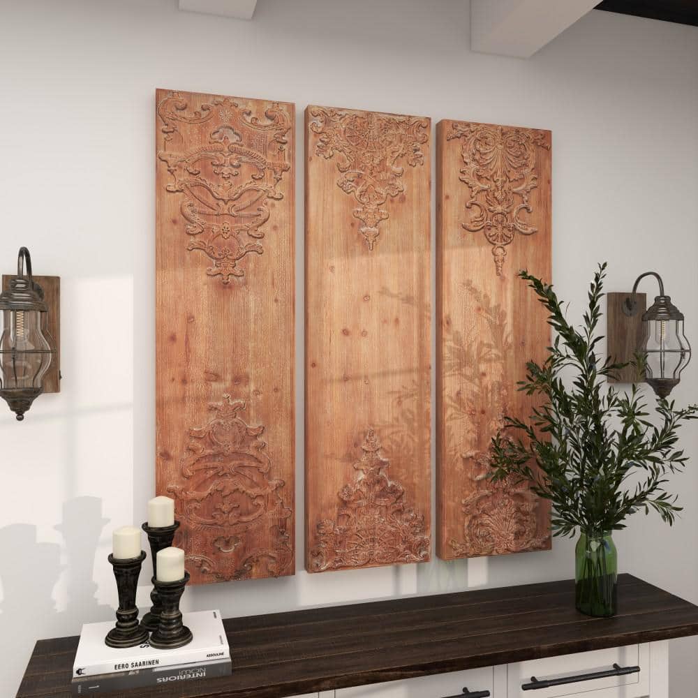Brown Wood Carved Floral Antefix Wall Decor Set of 3
