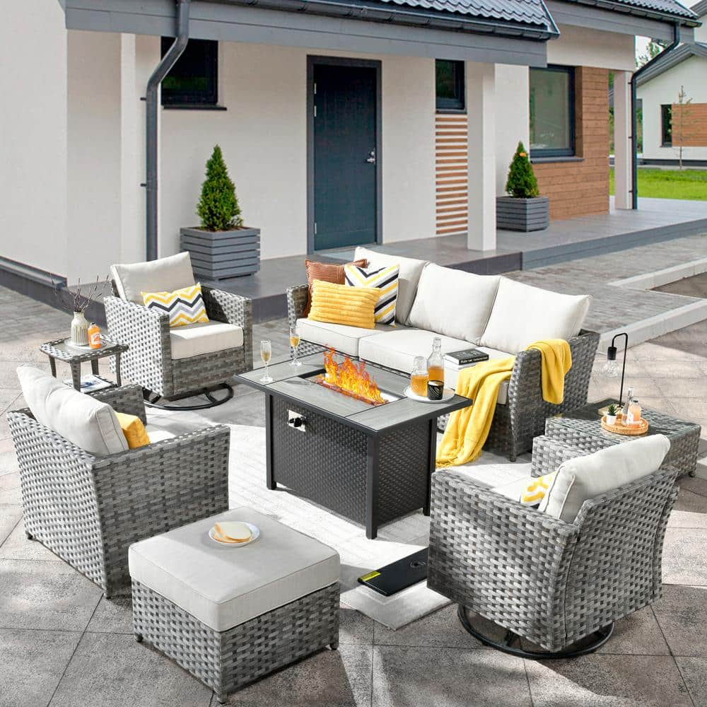 Hanes Gray 10-Piece Wicker Patio Fire Pit Sectional Seating Set with Beige Cushions and Swivel Rocking Chairs price history on PriceWatchPro