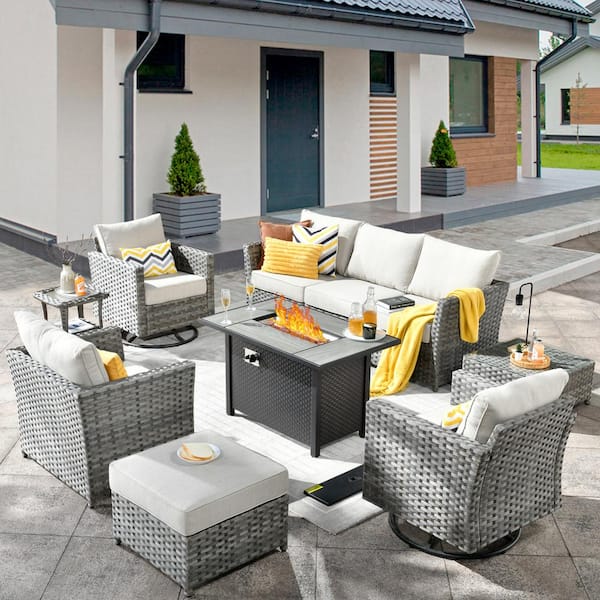 weaxty W Hanes Gray 10-Piece Wicker Patio Fire Pit Sectional Seating Set with Beige Cushions and Swivel Rocking Chairs