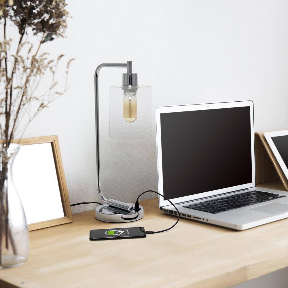 18.8" Chrome Industrial Iron Desk Lamp with Glass Shade and USB Port