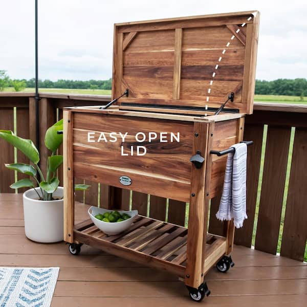 100 Qt. Indoor Outdoor Portable Patio Cooler in Acacia Wood with Soft Liner, Drain and Cover